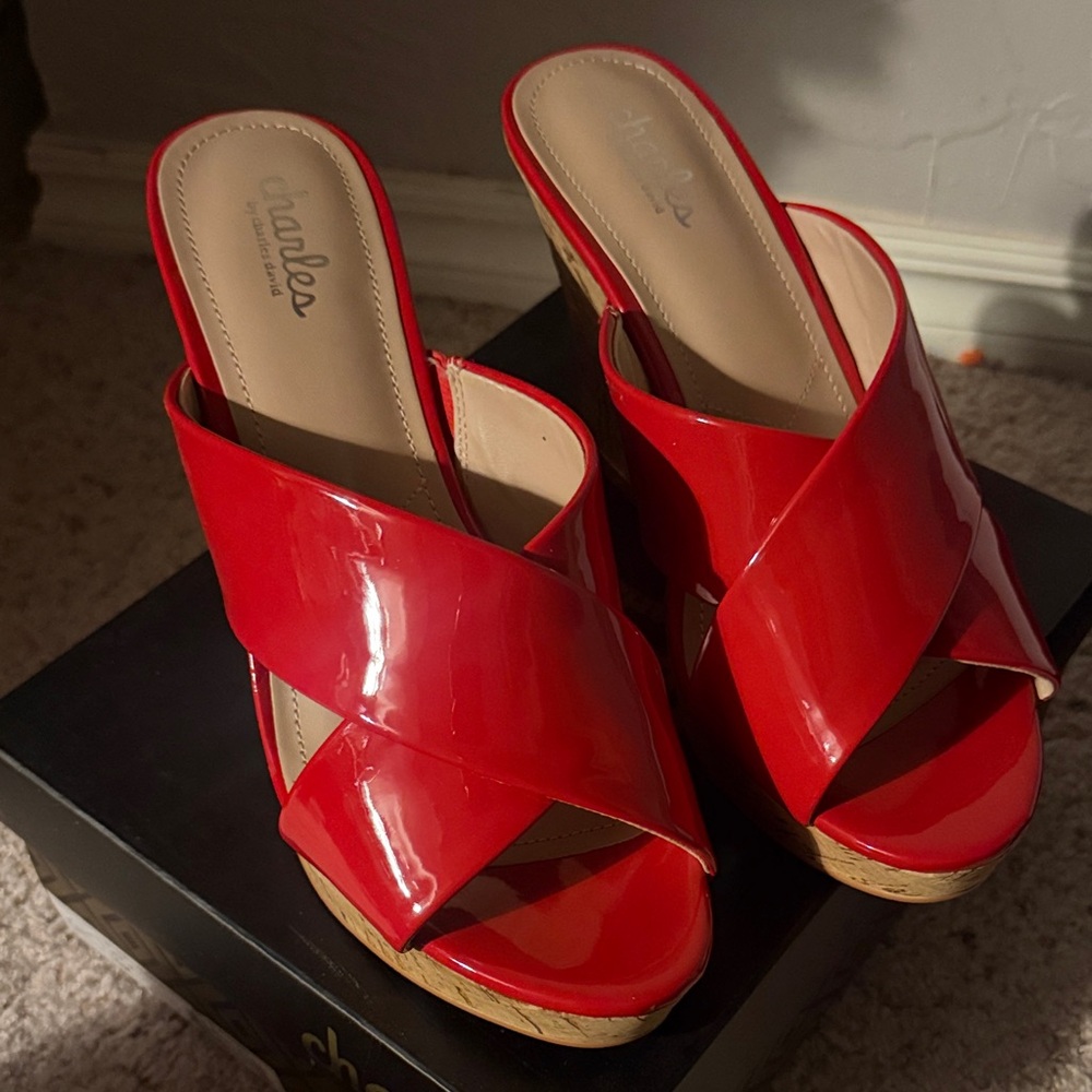 Charlies by Charles David  Red Patent Crisscross Platform Wedge Sandals